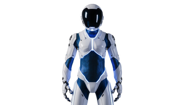 Futuristic humanoid robot with white and blue armor