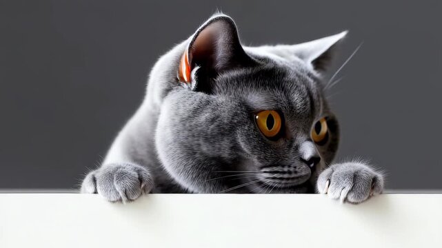 A close-up of a grey cat with striking yellow eyes peeking over a white ledge. The cat's paws are visible, resting on the edge, creating a playful and engaging image against a neutral gray backdrop.