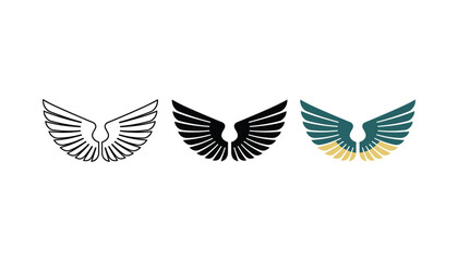 Stylized eagle or phoenix wing icons showcasing sharp feathers in outline solid black silhouette and teal flat color styles © Pure