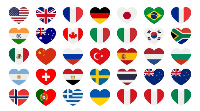 FIFA Worldcup 2026 Heart shaped country flags, international symbols, colorful national icons, 30 heart flags isolated on White Background eps