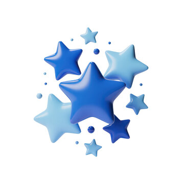 A cluster of multiple blue stars and small spheres floating in a group, rendered in a3d style with smooth glossy surfaces on a transparent