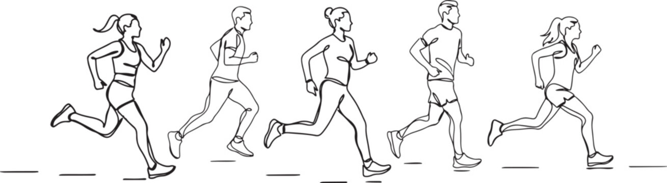 Continuous line drawing of energetic running of women and men. Healthy sports training concept one line vector illustration