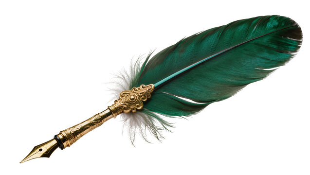 Ornate gold quill pen with emerald green feather