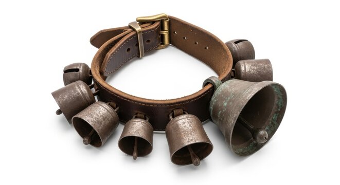 Antique Cowbell Collar with Brass Buckle on White Background