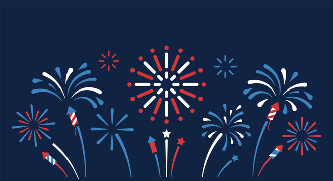 Cheerful firework display with rocket launchers and stylized light bursts in patriotic theme for holiday event branding.