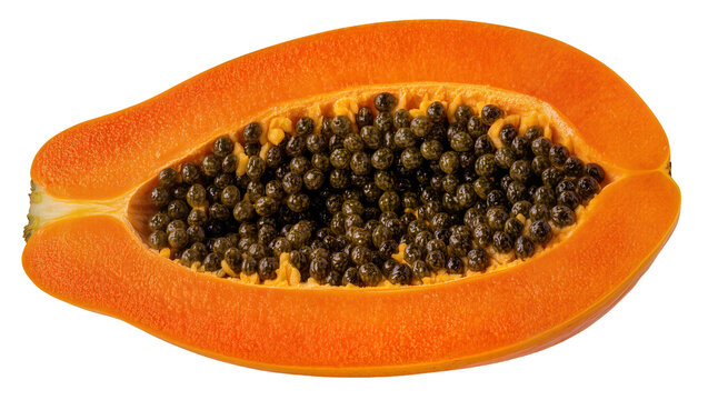 Ripe papaya half with dark seeds and orange flesh