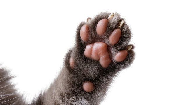 Gray cat paw with sharp claws extended and pink pads