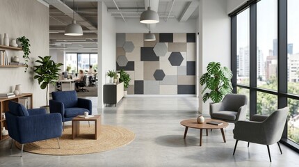 Fototapeta premium Modern Office Interior with Contemporary Lounge Area and City View
