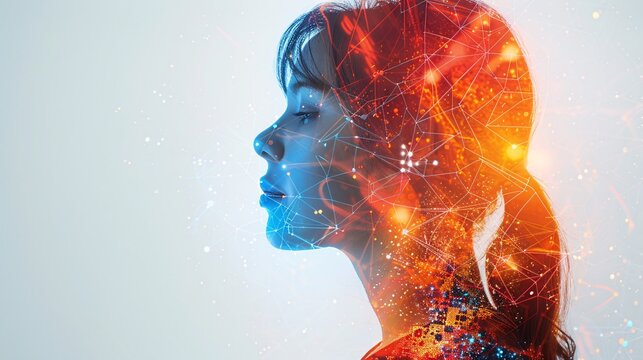 AI technology and woman's silhouette in a double exposure, combining human and machine with text-friendly space.