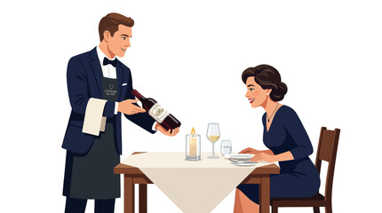 Obraz premium Sommelier shows a bottle of red wine to a woman seated at a fine dining table for her approval.