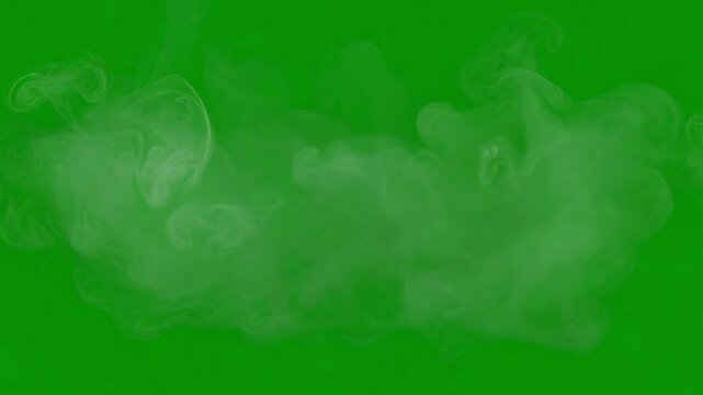 Billowing cloud of white acrylic ink dissolving in water against a bright green chroma key background, creating an abstract, dynamic effect for visual art projects and compositions