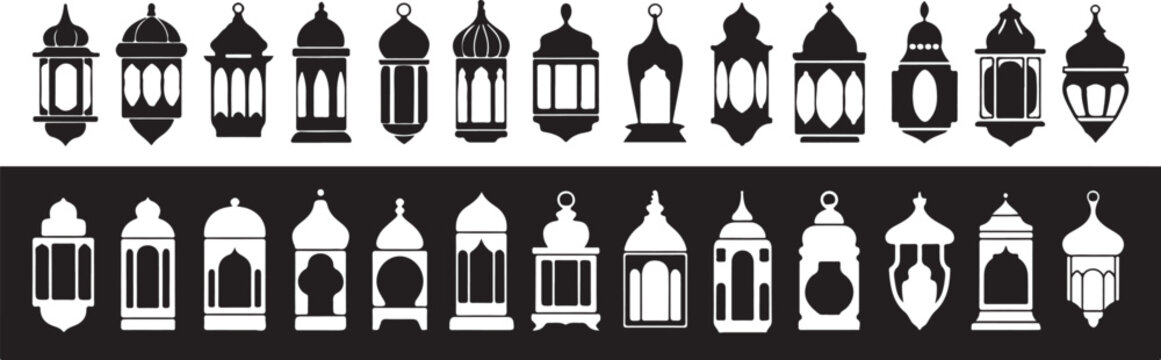 Large collection of traditional hanging lantern silhouettes for festive middle eastern cultural celebration and light room decor.