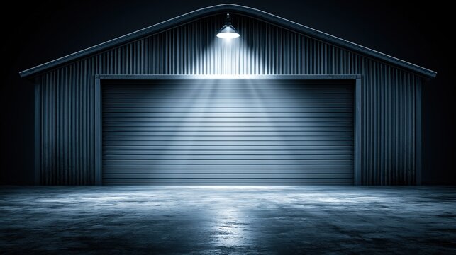 Closed corrugated metal garage building with single overhead rolling door under bright hanging lamp at night on dark empty concrete ground shows industrial storage space concept
