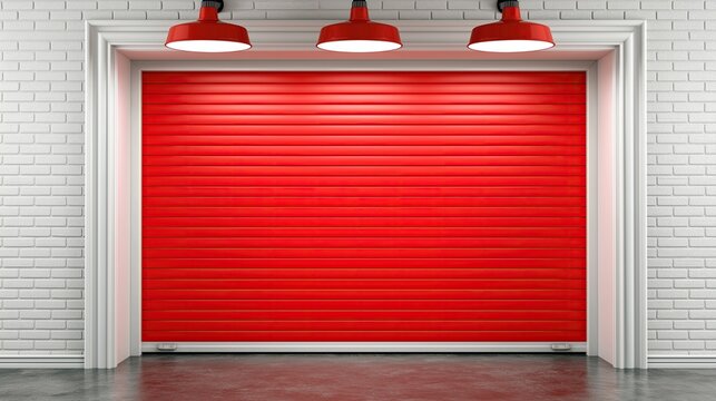 Closed bright red roller shutter garage door framed by white brick wall with three matching red pendant ceiling lamps hanging above on smooth gray concrete floor