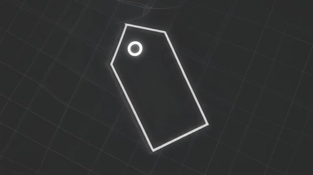 Glowing white price tag outline animation floating on a dark digital grid background video motion