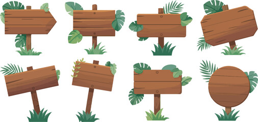 Fototapeta premium Collection of wooden signboards decorated with tropical leaves and grass for rustic wayfinding or customizable text displays set.