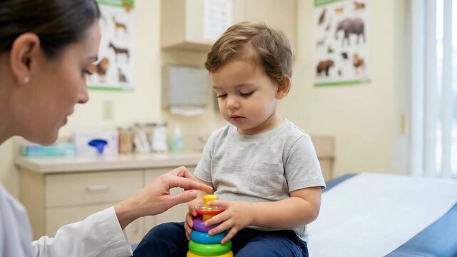 Cute toddler boy sitting on an examination table playing with a colorful toy while a female pediatrician talks to him during a routine medical appointment in a friendly doctor's office