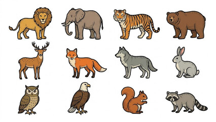 Fototapeta premium Premium Wildlife Cartoon Engraving Icon Collection – Forest, Safari, and Nature Animal Set