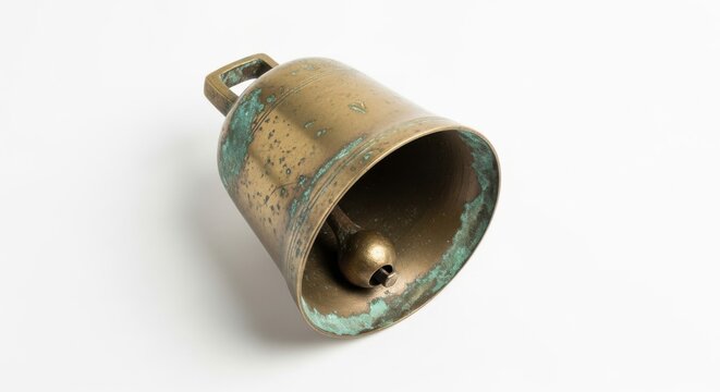 Antique Brass Cowbell with Verdigris Patina - Isolated on White Background
