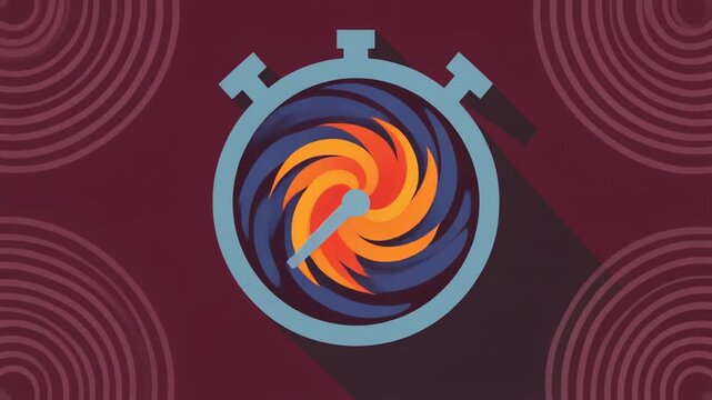 Stopwatch spinning with swirling orange and blue vortex motion in this flat design animation loop