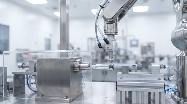 Automated industrial robotic arm filling syringe in sterile manufacturing environment
