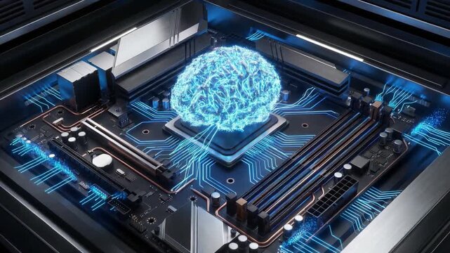 Central computer processor with a digital brain hologram processing information with electric signals and glowing particles, representing futuristic artificial intelligence and machine learning