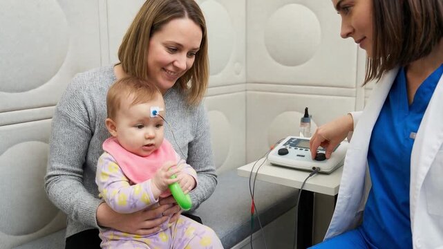 Female audiologist placing an electrode on a baby's forehead for an auditory brainstem response test, while the infant's mother holds her child during the medical examination in a clinic