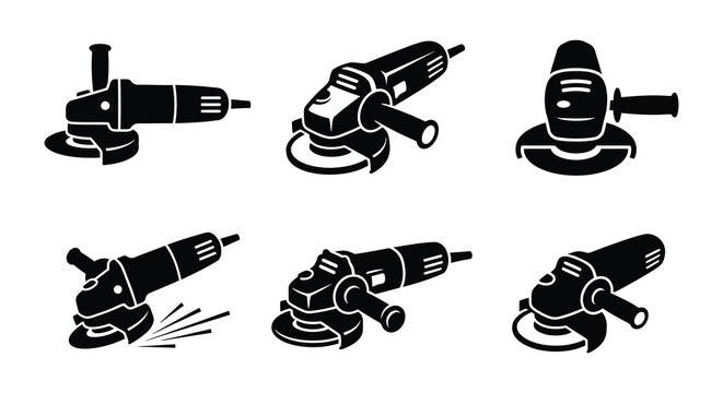 Angle grinder silhouettes black vector illustrations on a white background
