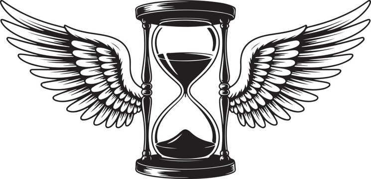 Vintage hourglass timepiece showing flowing sand framed by majestic bird wings symbolizing passage of life and timeless eternity.