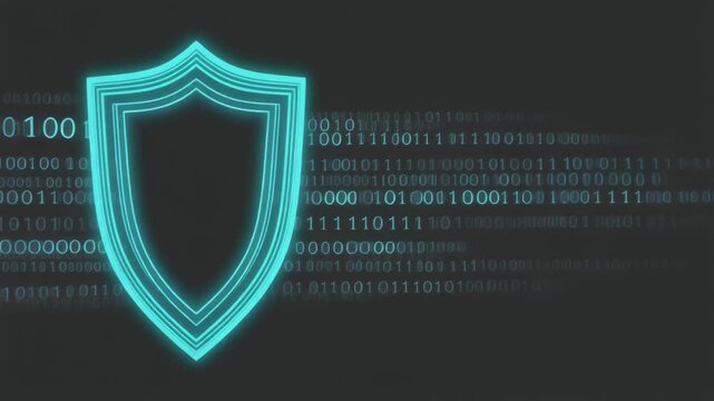 Glowing neon shield icon floating over binary code data streams in this digital motion animation clip