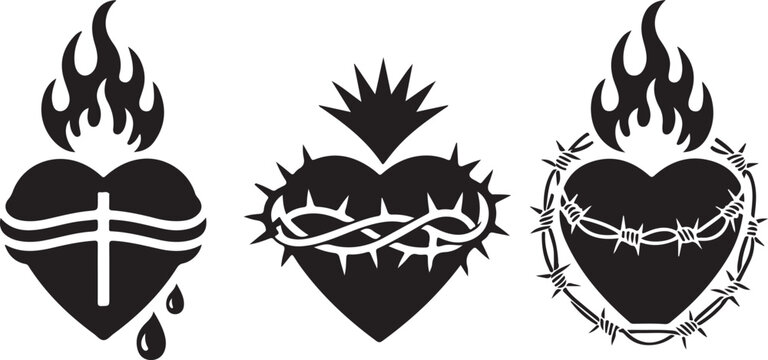 Sacred heart icon set depicting religious devotion featuring burning flames crown thorns barbed wire and bleeding cross elements.