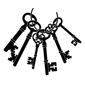 Bunch of vintage metal keys on a ring silhouette icon with silhouette, security