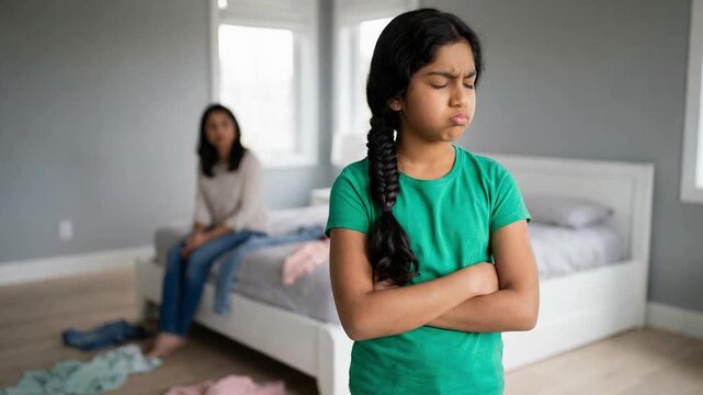 Stubborn young daughter standing with arms crossed and pouting after a disagreement with her sad mother, who is sitting on the bed in the background of their messy bedroom at home