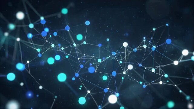 Abstract digital background with a complex network of moving nodes and connections representing data flow, communication, technology, and artificial intelligence in a futuristic virtual space. asmr