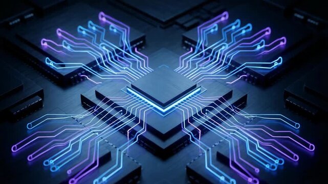 Powerful computer processor on a circuit board sending signals and glowing with blue and purple light, symbolizing advanced technology, big data processing, and artificial intelligence