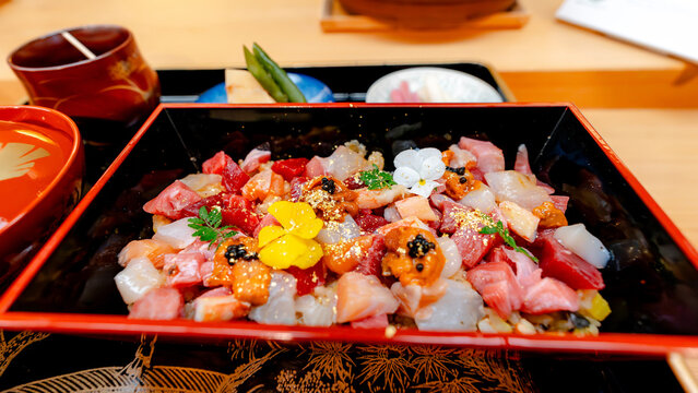 Assorted seafood chirashi sushi featuring Miyagi Hon-Maguro