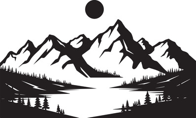 Mountain landscape silhouette with sun and pine trees for outdoor adventures travel logo and nature themed creative graphic projects. © Kohinoor