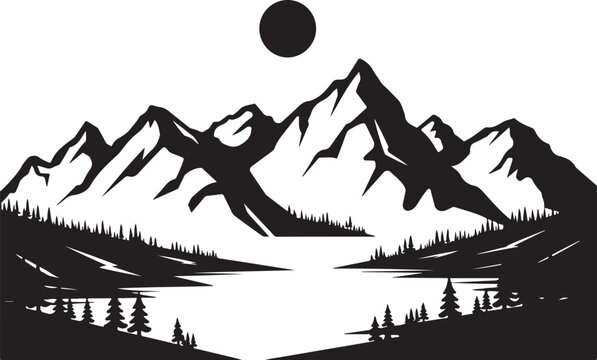 Mountain landscape silhouette with sun and pine trees for outdoor adventures travel logo and nature themed creative graphic projects.