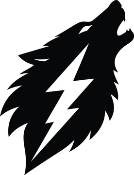 A bold and minimalist wolf silhouette featuring a lightning bolt seamlessly integrated through negative space in the center. The design symbolizes strength, speed, energy, leadership, and resilience. 