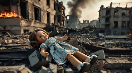 Naklejka premium Abstract scene. An old child's doll in a gray torn dirty dress lies on the rubble of a residential apartment building destroyed by bombing.