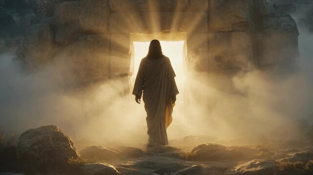 Risen jesus christ walking out of his empty tomb on easter morning, with a brilliant divine light and mist illuminating the stone entrance in a powerful depiction of christian faith and hope