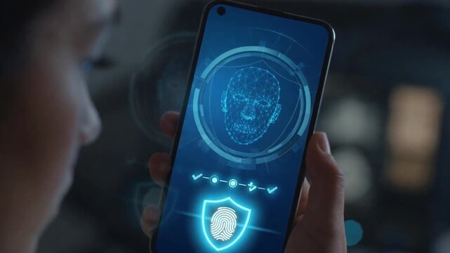 Person unlocking a mobile phone using a futuristic facial recognition system and fingerprint scanner, symbolizing advanced biometric authentication and cybersecurity for data protection