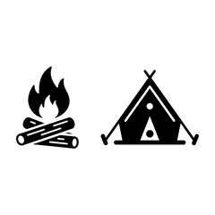 Fototapeta premium Camping tent and bonfire simple vector icon set with outdoors, adventure
