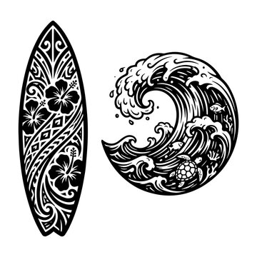 Detailed surfboard with floral pattern and ocean wave with sea life, surfboard
