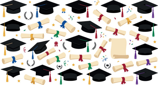 Graduation Seamless Pattern Background with Academic Square Academic Caps Diplomas Scrolls and Confetti Elements for Festive Student Greeting Cards Wrapping Pape