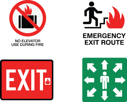 Emergency building evacuation signage pack with no elevator use during fire running exit route and green assembly point vector collectionEmergency building evacuation signage pack with no elevator use