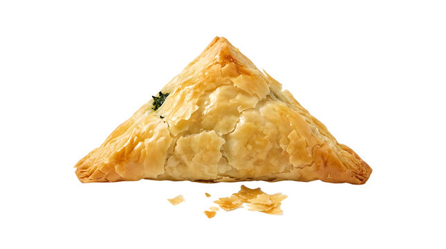 Golden crisp triangular Greek Spanakopita spinach pastry isolated on a solid white background