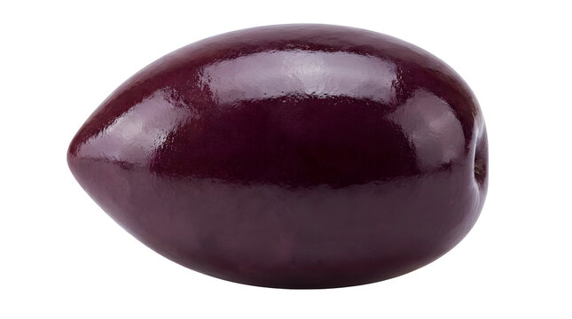 Single glossy Kalamata Greek olive with smooth purple skin isolated on a solid  white  background