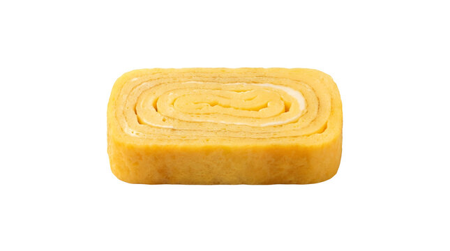 Slice of traditional Japanese Tamagoyaki, rolled sweet egg omelet isolated on a white  background