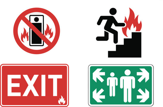 Emergency fire evacuation safety sign set including no elevator usage running upstairs exit notice and assembly point vector illustrationEmergency fire evacuation safety sign set including no elevator